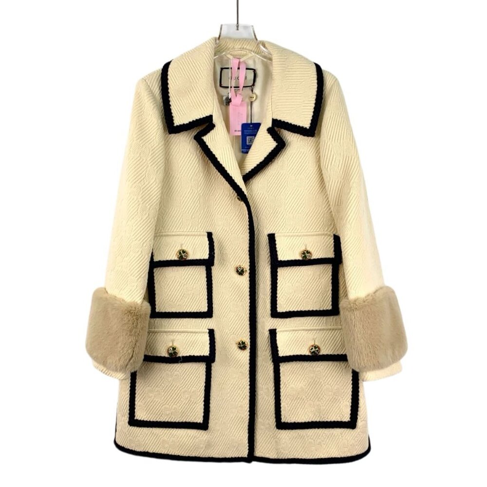Gucci Beige Logo Jacquard Wool Coat W/ Faux Fur Cuffs & Multi-Pockets Size 42 Ma